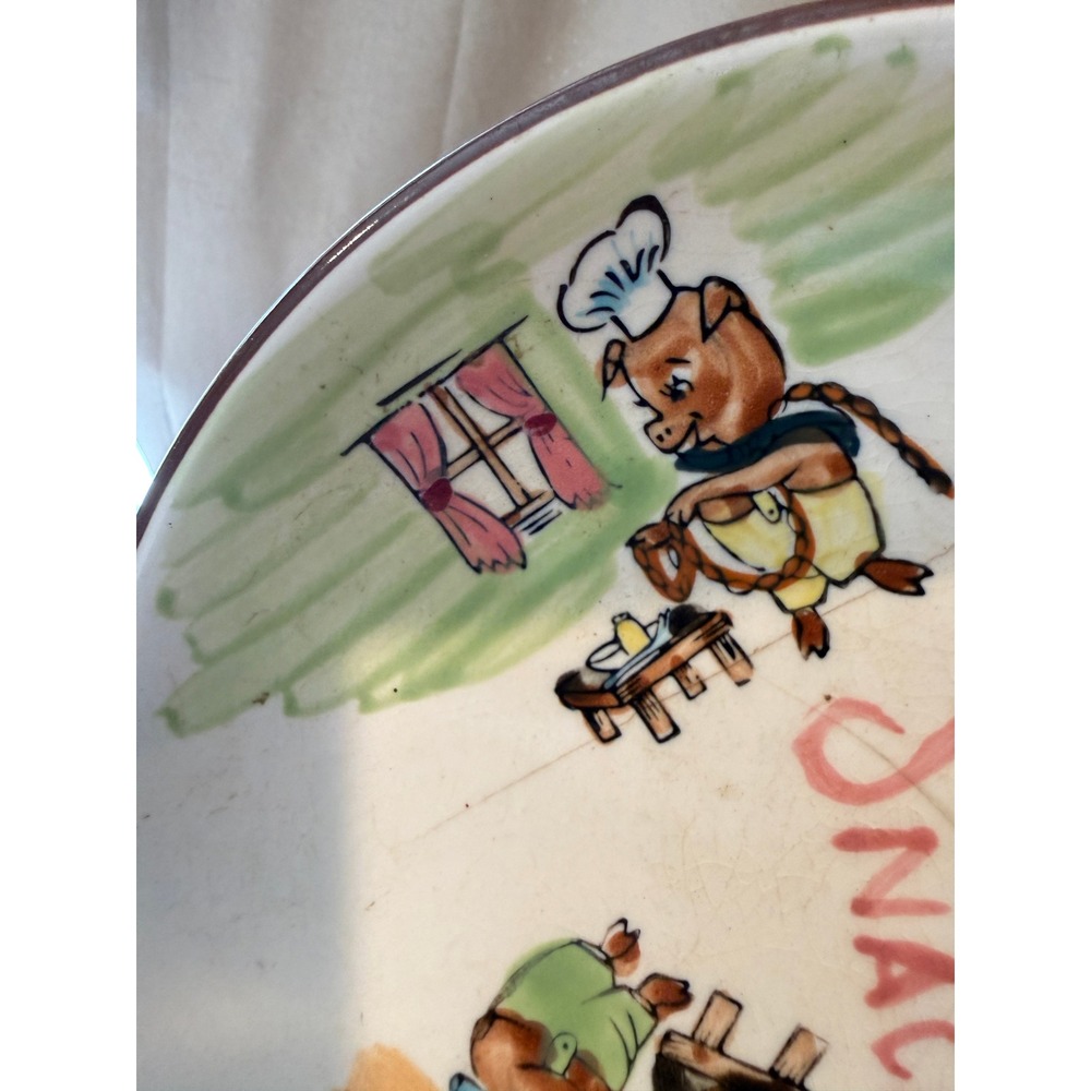 Vintage Hand Painted Three Little Pigs Chef Ceramic Snack Plate with Handle - Picture 4 of 10